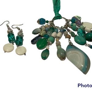 Green, white and teal stone assemblage necklace and earrings